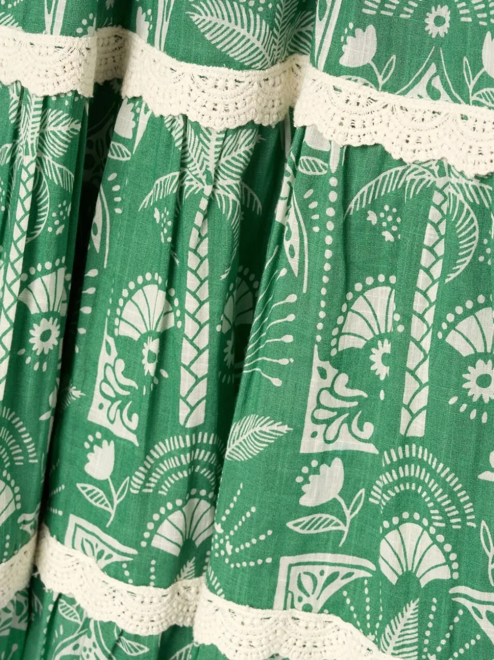 Angel & Rocket Green Kinsley Palm Print Lace Trim Tiered Dress