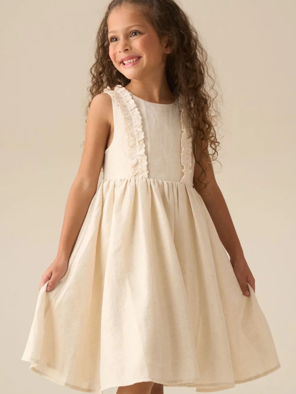 Angel & Rocket Natural Ava Metallic Shimmer Linen Lace Trim Dress