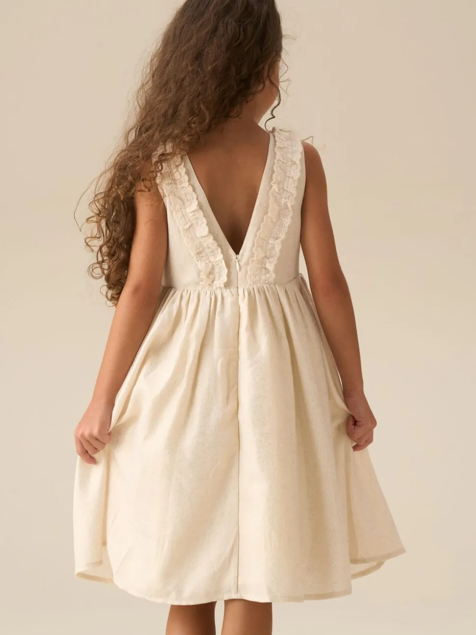 Angel & Rocket Natural Ava Metallic Shimmer Linen Lace Trim Dress