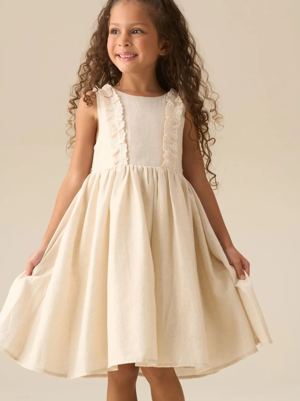 Angel & Rocket Natural Ava Metallic Shimmer Linen Lace Trim Dress