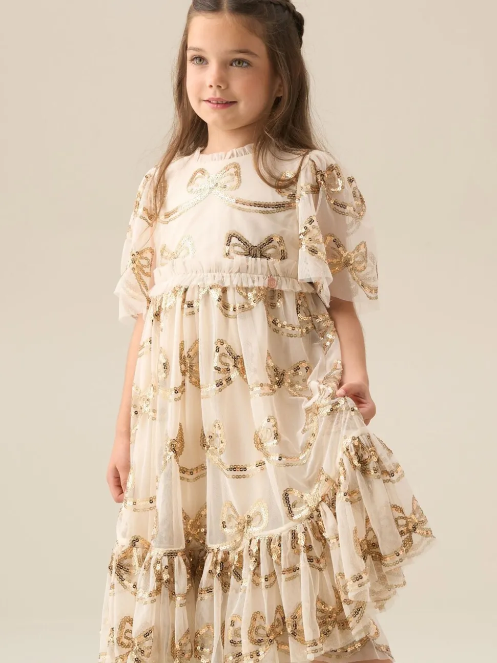 Angel & Rocket Natural Delta Champagne Sequin Bow Dress