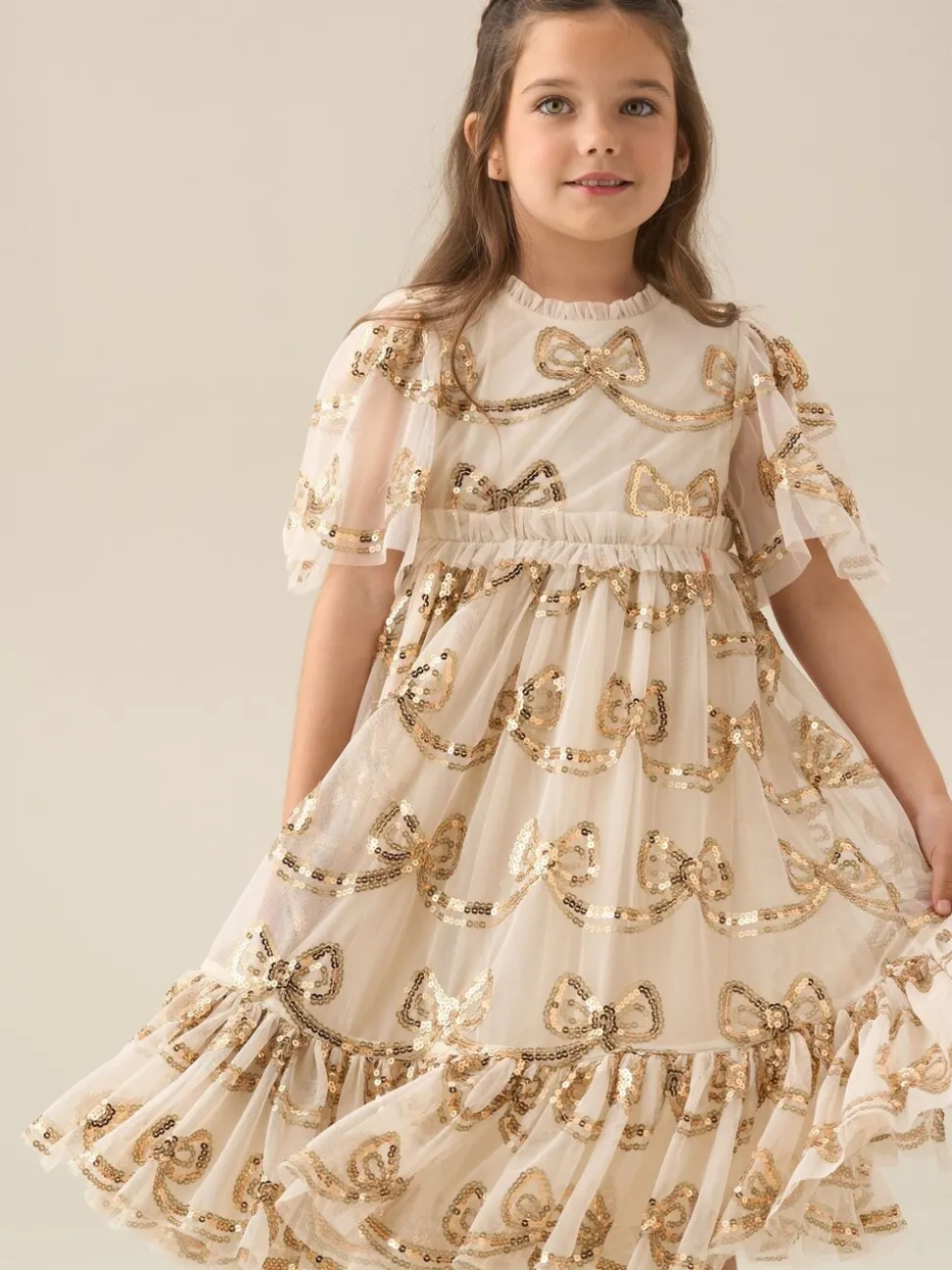 Angel & Rocket Natural Delta Champagne Sequin Bow Dress