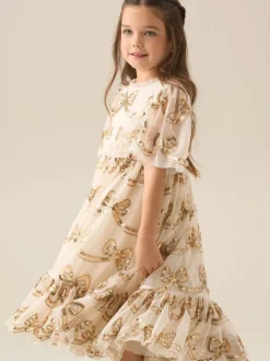 Angel & Rocket Natural Delta Champagne Sequin Bow Dress