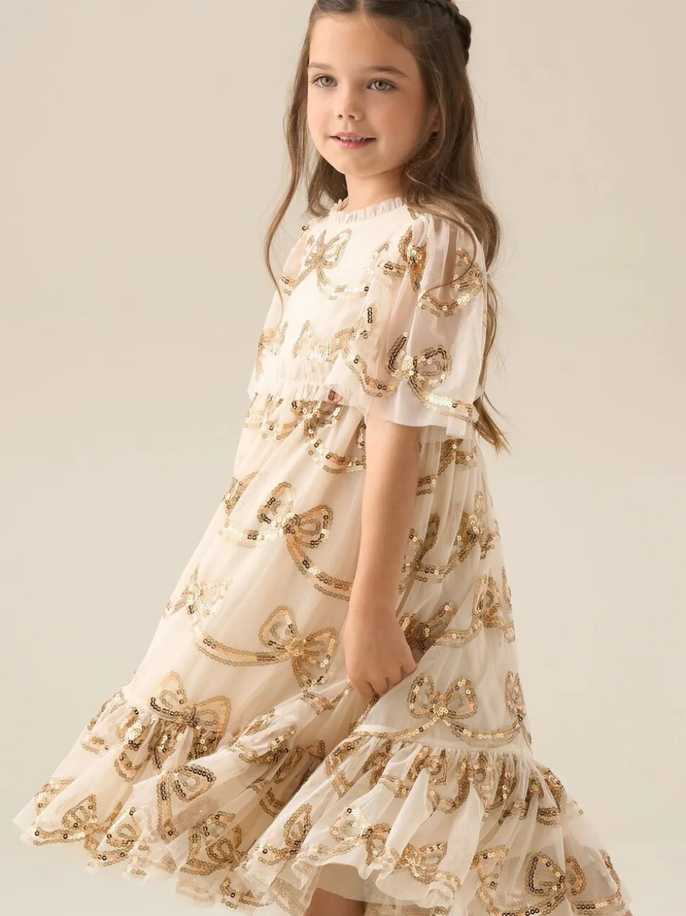 Angel & Rocket Natural Delta Champagne Sequin Bow Dress