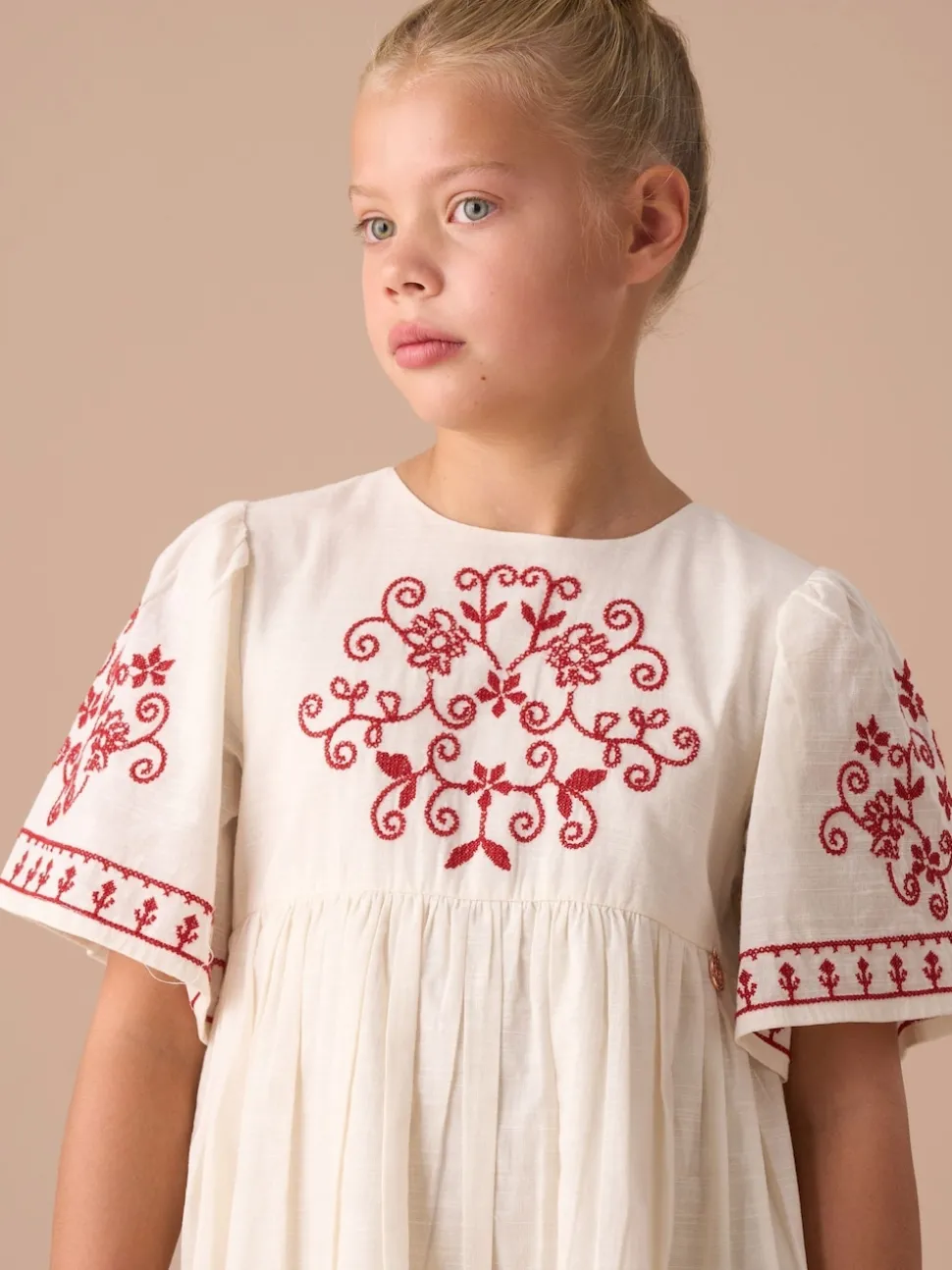Angel & Rocket Nude Reyna Embroidered Balloon Sleeve Dress