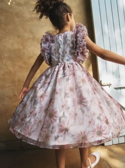Angel & Rocket Pink Flora Ruffle Sleeve Organza Print Dress