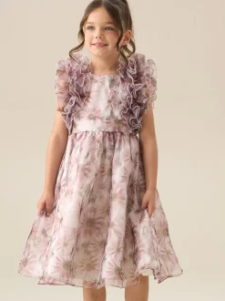 Angel & Rocket Pink Flora Ruffle Sleeve Organza Print Dress