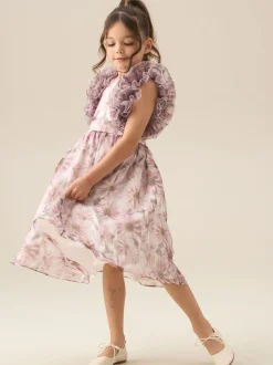 Angel & Rocket Pink Flora Ruffle Sleeve Organza Print Dress