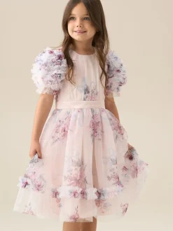 Angel & Rocket Pink Florence Blush Ruffle Sleeve Mesh Dress