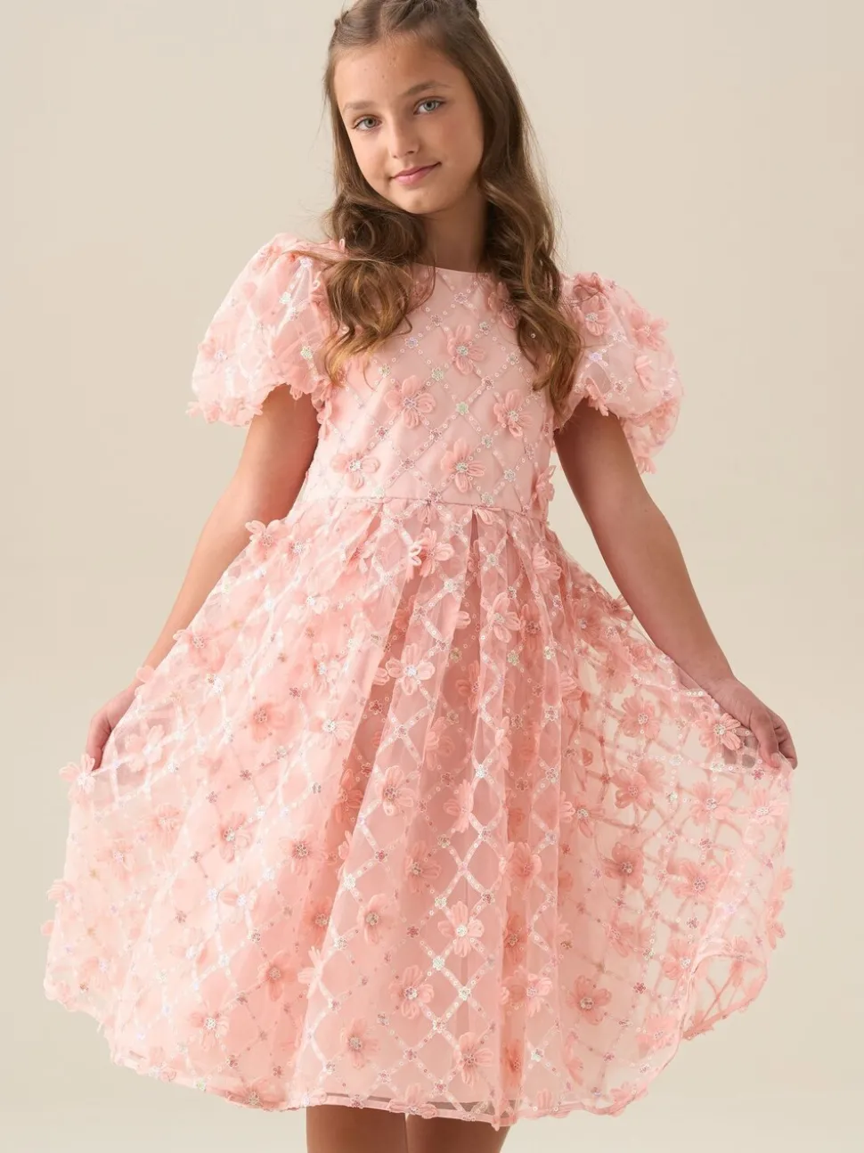 Angel & Rocket Pink Francine Embellished Puff Sleeve Dress