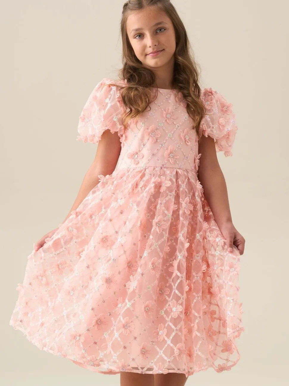 Angel & Rocket Pink Francine Embellished Puff Sleeve Dress