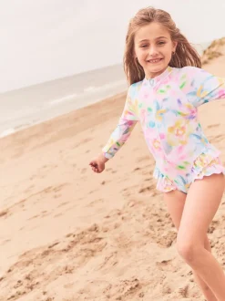 Angel & Rocket Pink Jodie Sunsafe Print Long Sleeved Swimsuit