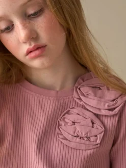 Angel & Rocket Pink Lizzy Corsage Rib Long Sleeves Top