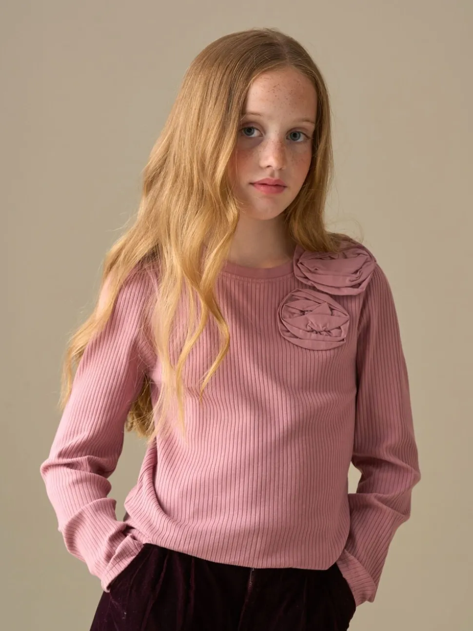 Angel & Rocket Pink Lizzy Corsage Rib Long Sleeves Top