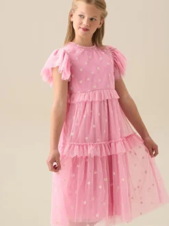 Angel & Rocket Pink Luisa Yellow Embroidered Mesh Dress