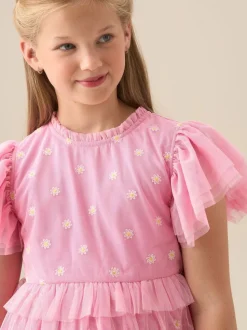 Angel & Rocket Pink Luisa Yellow Embroidered Mesh Dress