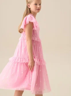 Angel & Rocket Pink Luisa Yellow Embroidered Mesh Dress