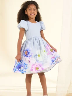Angel & Rocket Purple Anna Mint Border Print Puff Sleeve 100% Cotton Dress