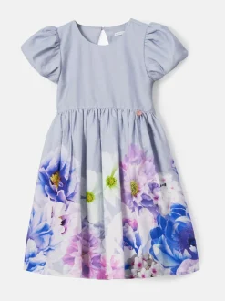 Angel & Rocket Purple Anna Mint Border Print Puff Sleeve 100% Cotton Dress