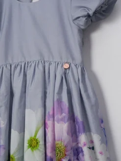 Angel & Rocket Purple Anna Mint Border Print Puff Sleeve 100% Cotton Dress
