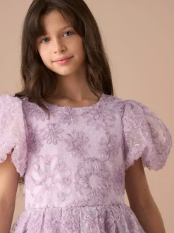 Angel & Rocket Purple Ines Purple Embellished Puff Sleeve Dress
