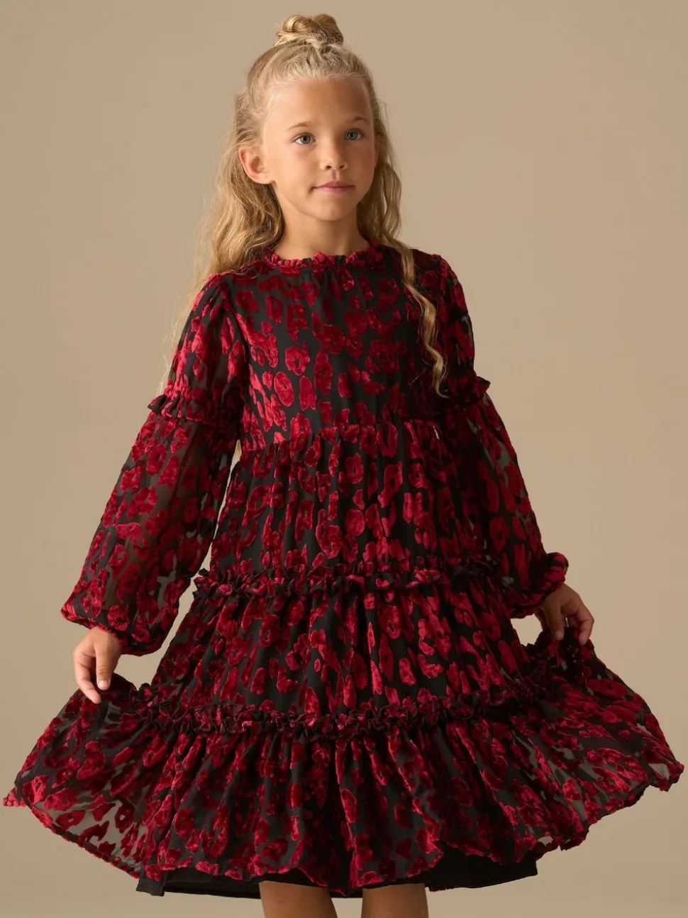 Angel & Rocket Red Poppy Devore Velvet Tiered Dress
