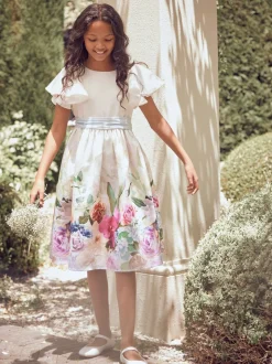 Angel & Rocket White Border Print Sylvie Ruffle Shoulder Bow Dress
