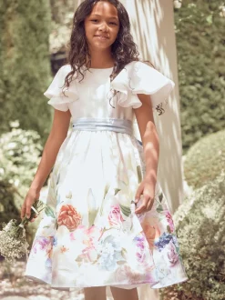 Angel & Rocket White Border Print Sylvie Ruffle Shoulder Bow Dress