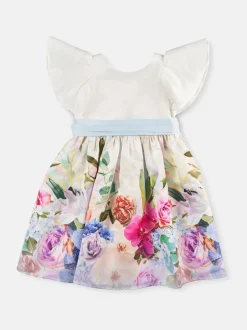 Angel & Rocket White Border Print Sylvie Ruffle Shoulder Bow Dress