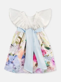 Angel & Rocket White Border Print Sylvie Ruffle Shoulder Bow Dress