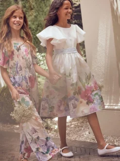 Angel & Rocket White Border Print Sylvie Ruffle Shoulder Bow Dress