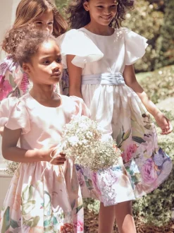 Angel & Rocket White Border Print Sylvie Ruffle Shoulder Bow Dress