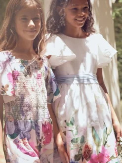 Angel & Rocket White Border Print Sylvie Ruffle Shoulder Bow Dress