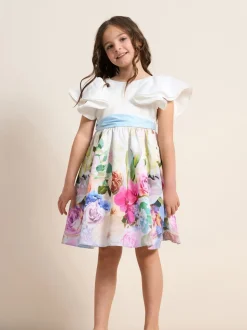 Angel & Rocket White Border Print Sylvie Ruffle Shoulder Bow Dress