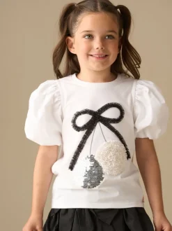 Angel & Rocket White Elodie Disco Ball Embellished Puff Sleeve T-Shirt