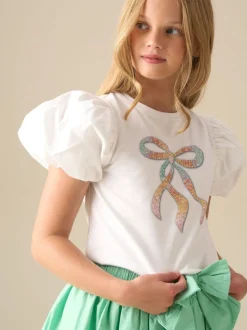 Angel & Rocket White Elodie Sequin Bow Puff Sleeve Blouse
