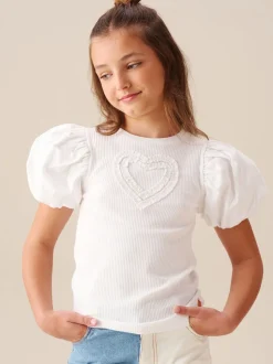 Angel & Rocket White Eve Ruffle Heart Puff Sleeve T-Shirt