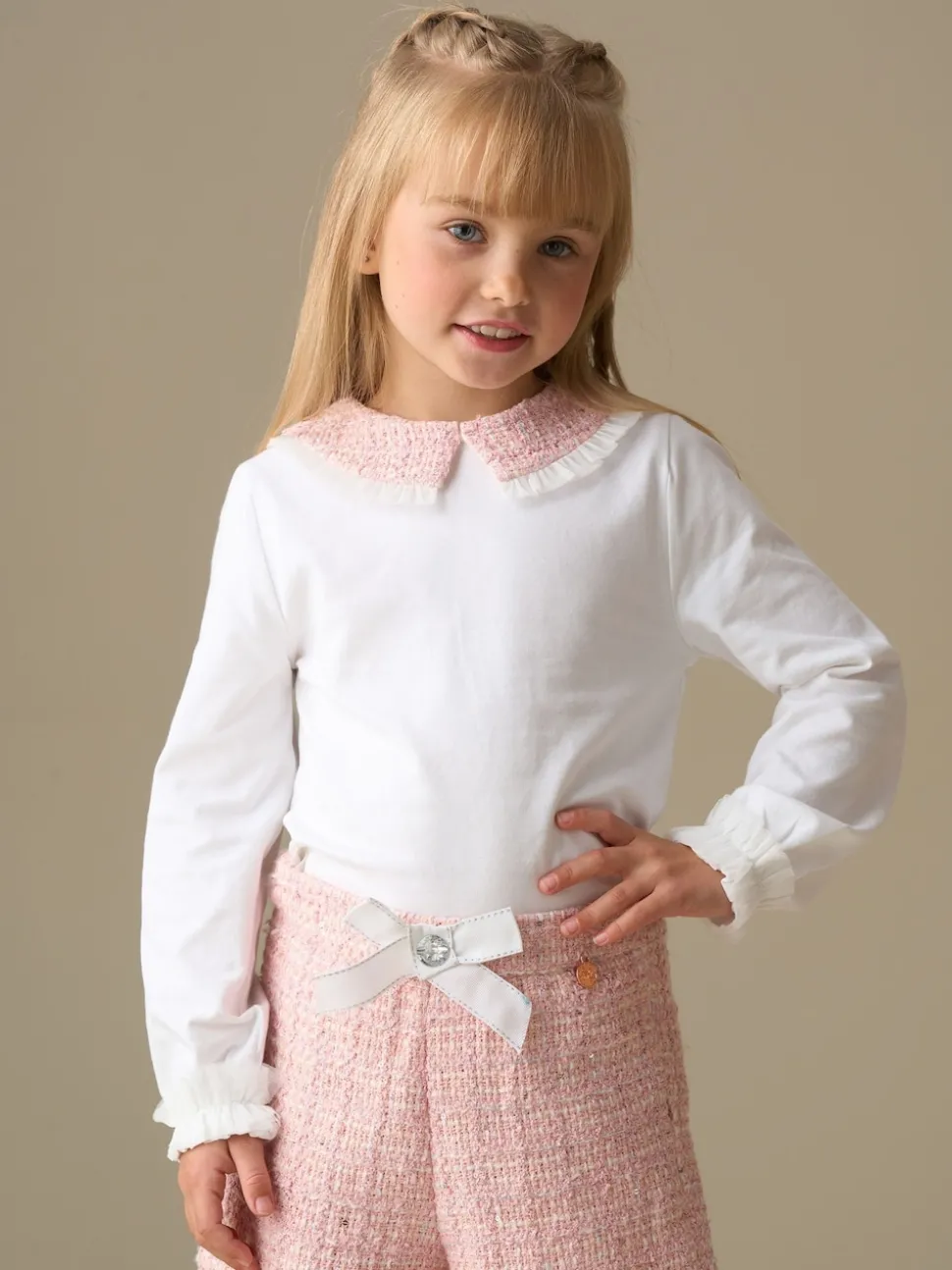 Angel & Rocket White Faye Tweed Collar Long Sleeve Top