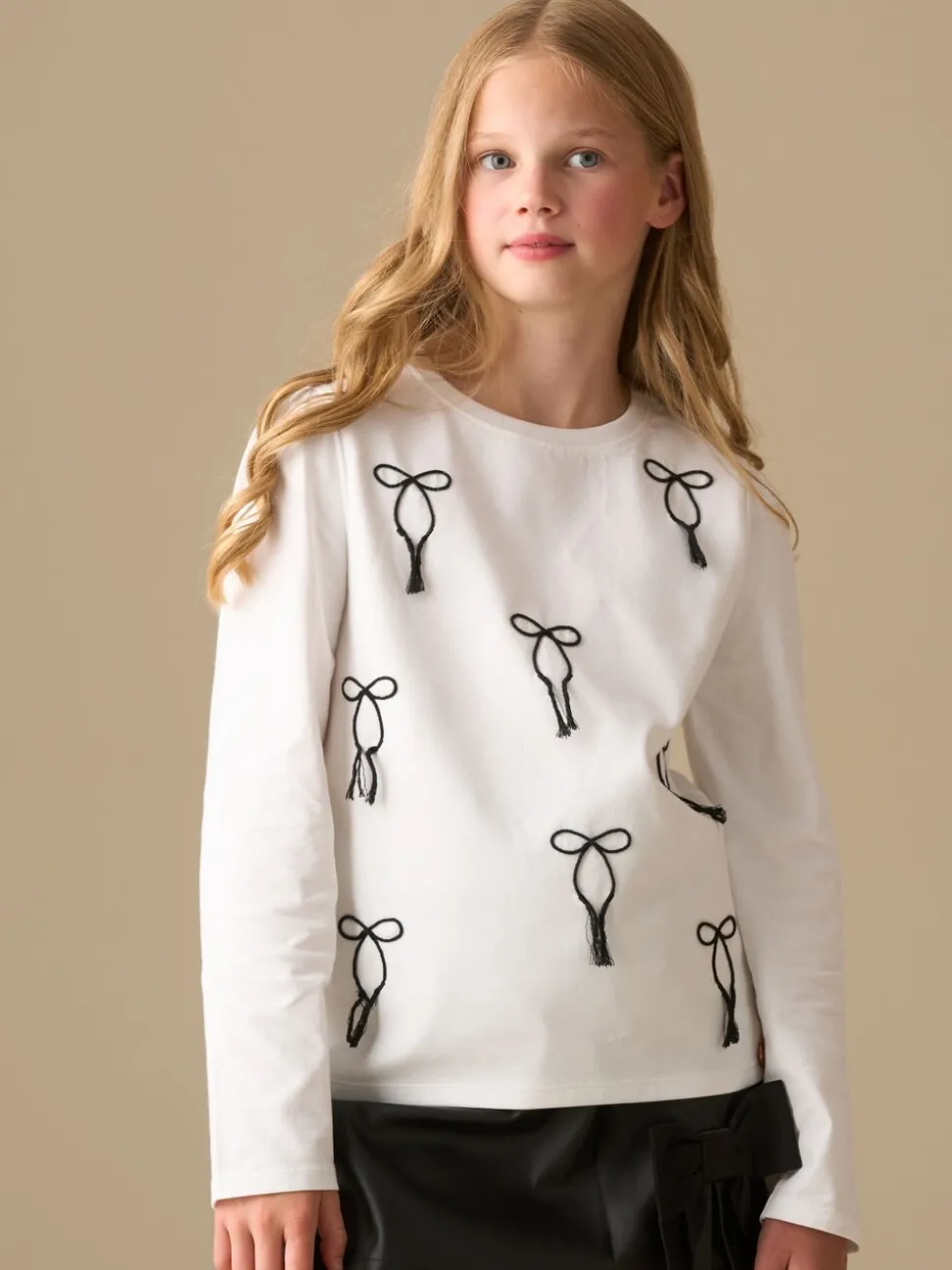 Angel & Rocket White Imogen Embroidered Bow Long Sleeve Top