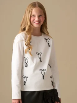 Angel & Rocket White Imogen Embroidered Bow Long Sleeve Top