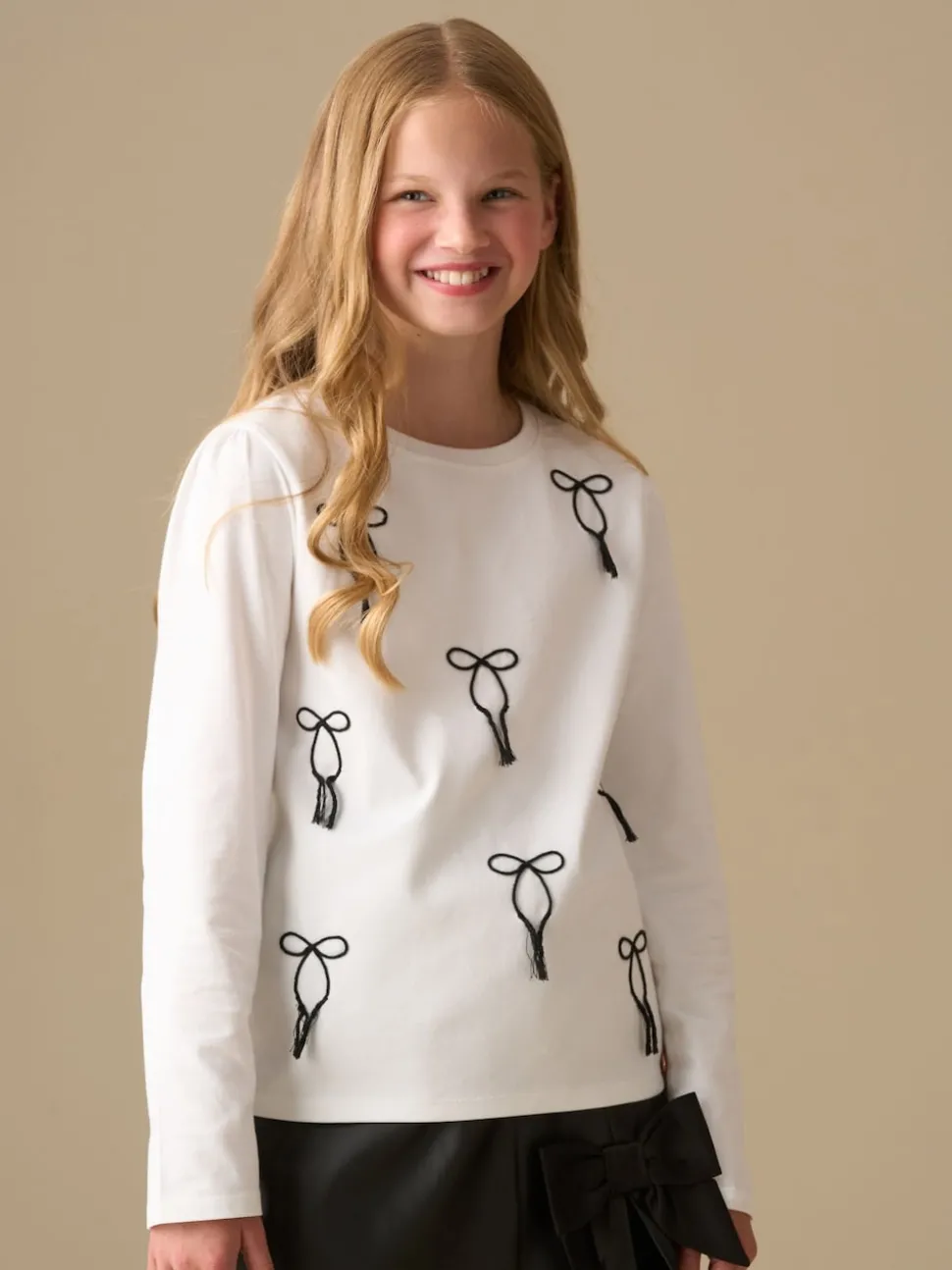 Angel & Rocket White Imogen Embroidered Bow Long Sleeve Top