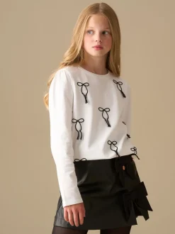 Angel & Rocket White Imogen Embroidered Bow Long Sleeve Top