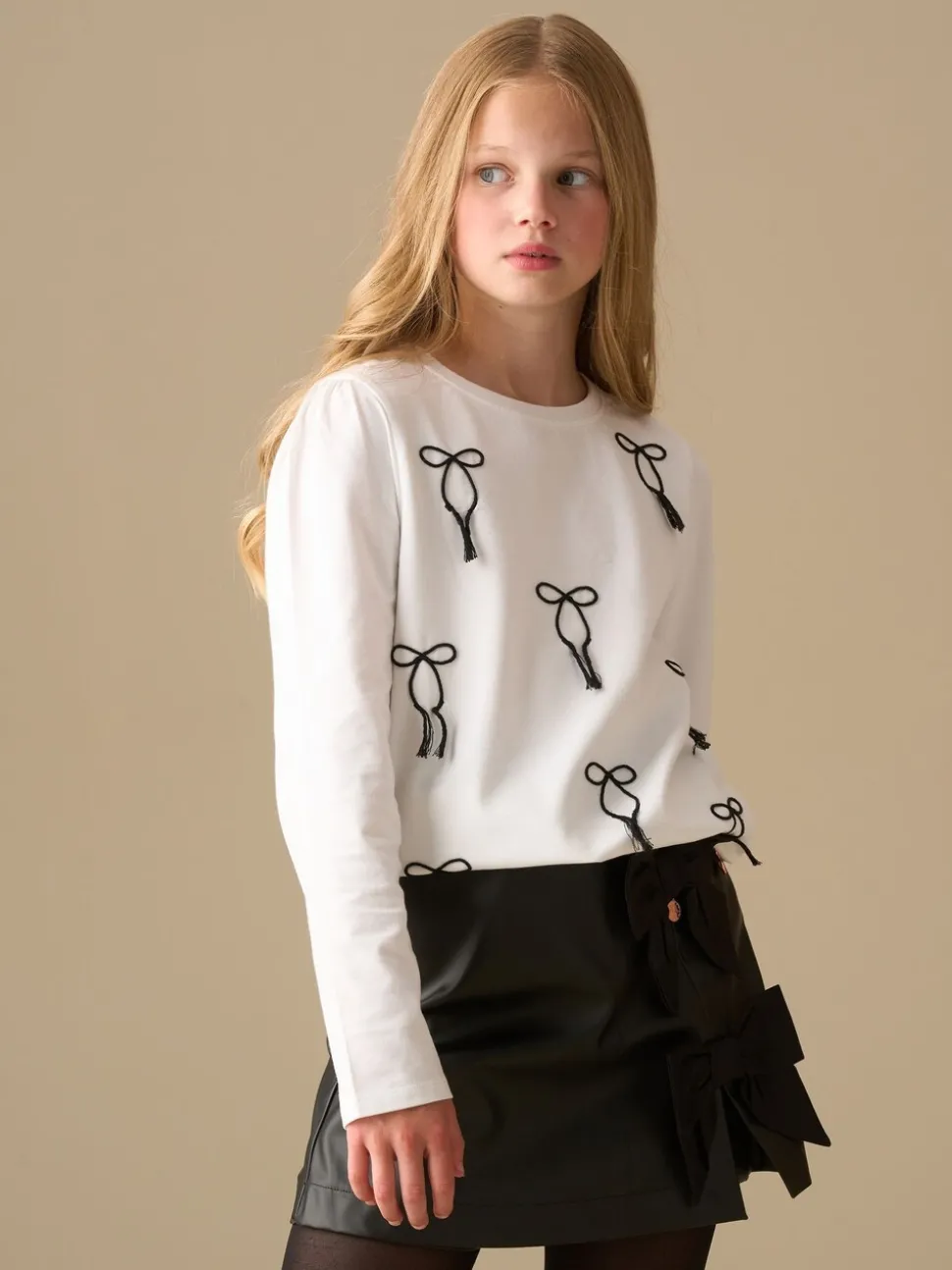 Angel & Rocket White Imogen Embroidered Bow Long Sleeve Top