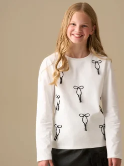 Angel & Rocket White Imogen Embroidered Bow Long Sleeve Top