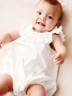Angel & Rocket White Mila Daisy Embroidered Frill Rompersuits