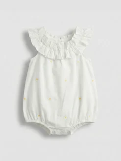 Angel & Rocket White Mila Daisy Embroidered Frill Rompersuits