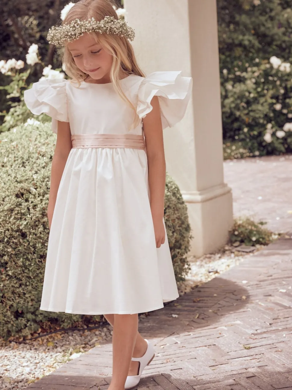 Angel & Rocket White/Pink Taffeta Ruffle Bow Sylvie Dress