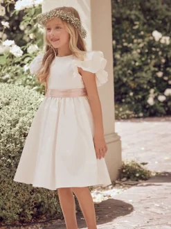Angel & Rocket White/Pink Taffeta Ruffle Bow Sylvie Dress