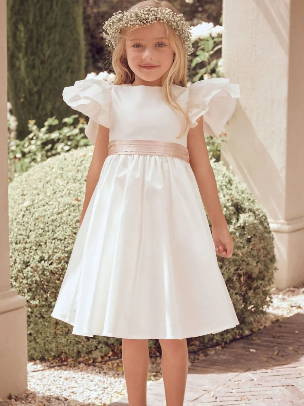 Angel & Rocket White/Pink Taffeta Ruffle Bow Sylvie Dress
