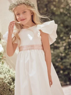 Angel & Rocket White/Pink Taffeta Ruffle Bow Sylvie Dress